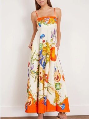 NWOT Alemais Cream Maxi Dress with Vibrant Orange Floral Trim